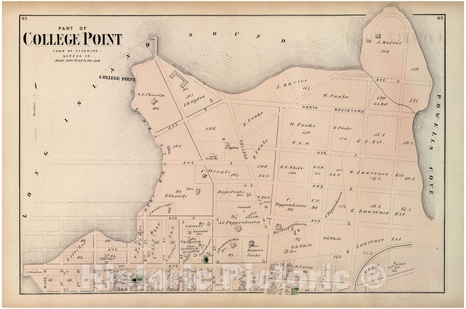 Historic Map : Beers Map of College Point (Flushing), Queens, New York City, 1873, Vintage Wall Art