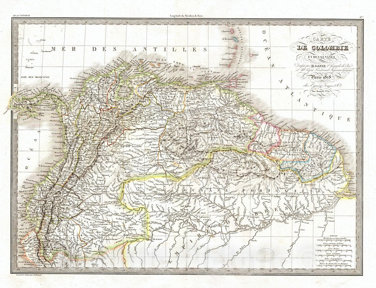 Historic Map : Lapie Map of Columbia,Venezuela, and Guyana, 1828, Vintage Wall Art