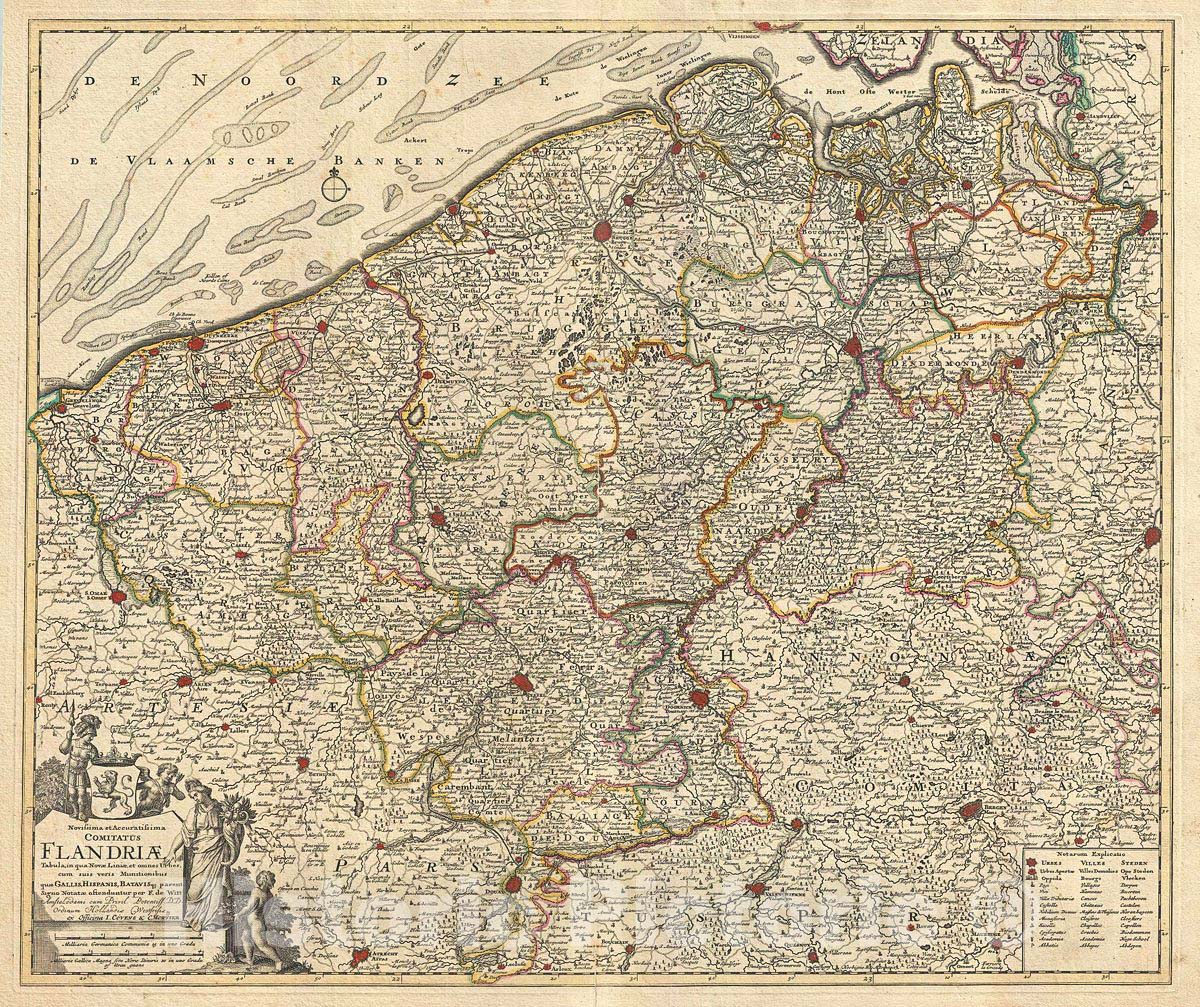 Historic Map : De Wit Map of Flanders (Holland and Belgium), 1721, Vintage Wall Art