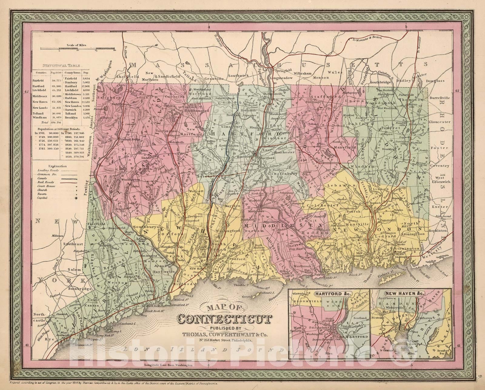 Historic Map : Mitchell Map of Connecticut, 1854, Vintage Wall Art