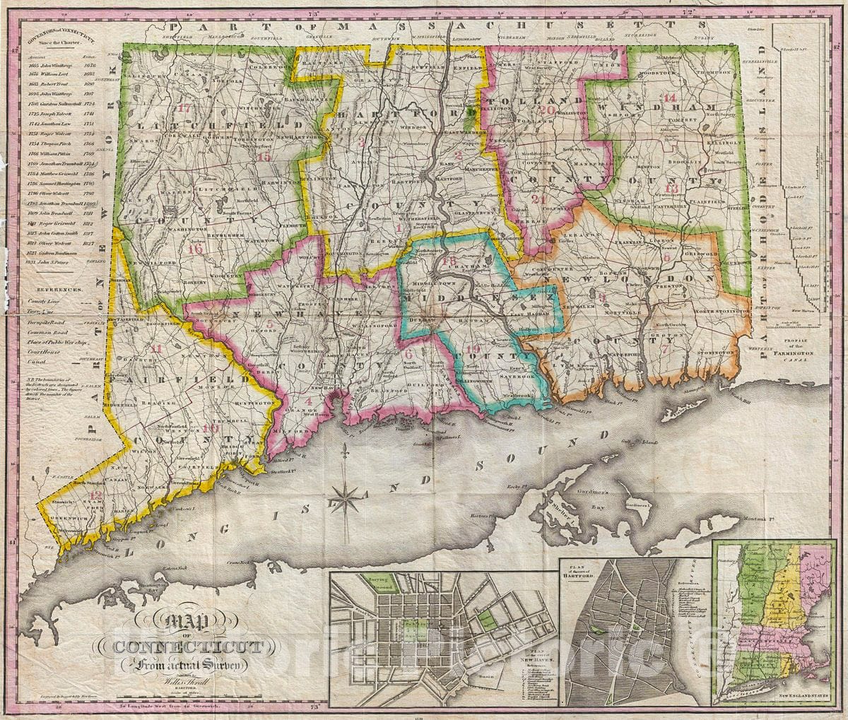 Historic Map : Thrall Pocket Antique Map of Connecticut, 1831, Vintage Wall Art