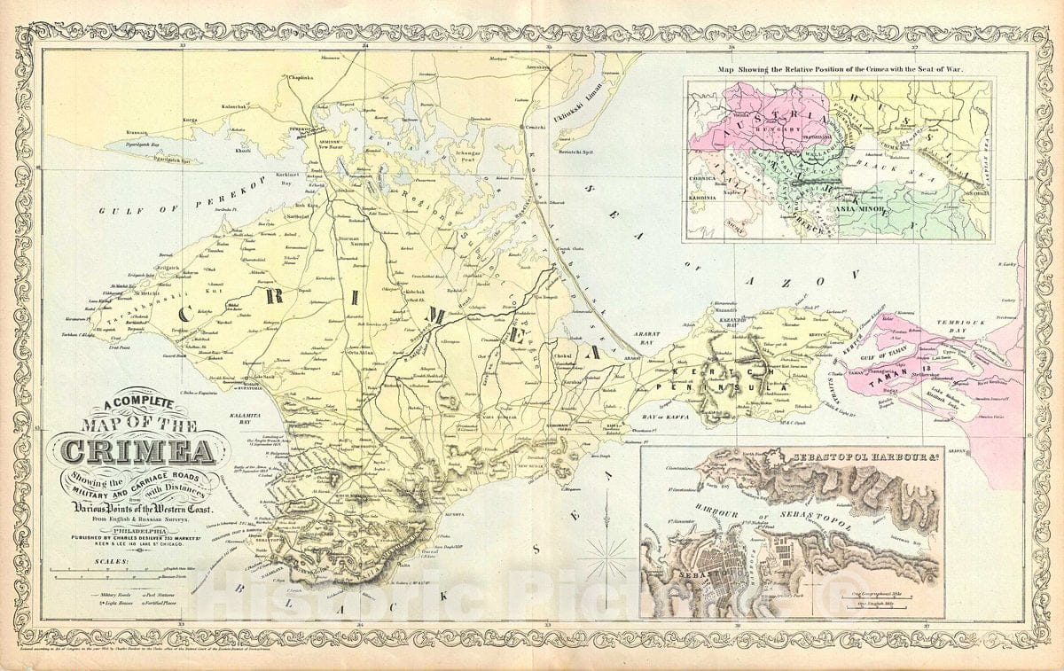 Historic Map : Desilver Antique Map of The Crimean Peninsula, Crimea, 1856, Vintage Wall Art