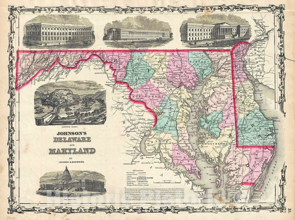 Historic Map : Johnson Map of Maryland and Delaware, 1861, Vintage Wall Art