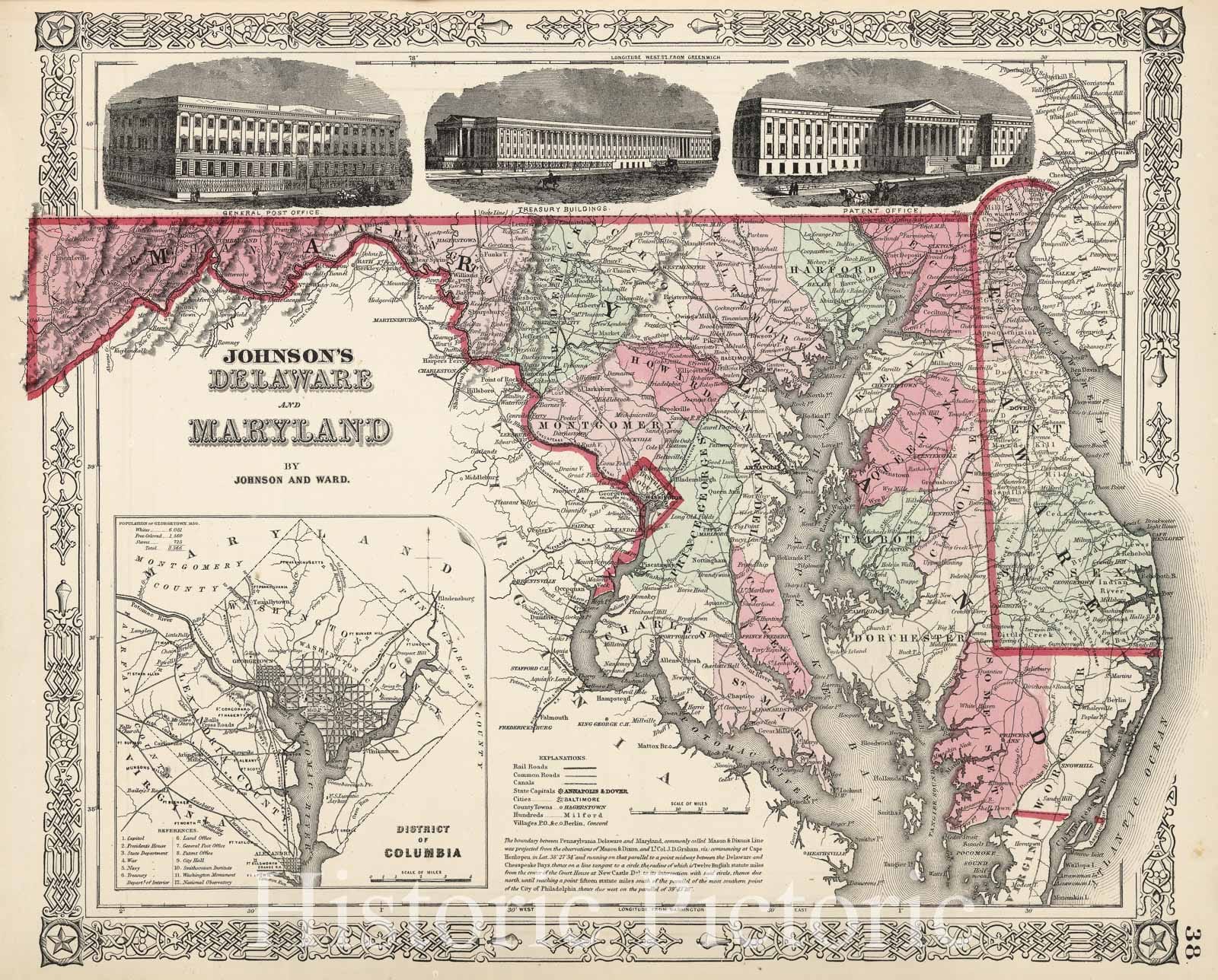 Historic Map : Johnson Map of Maryland and Delaware, Version 2, 1866, Vintage Wall Art