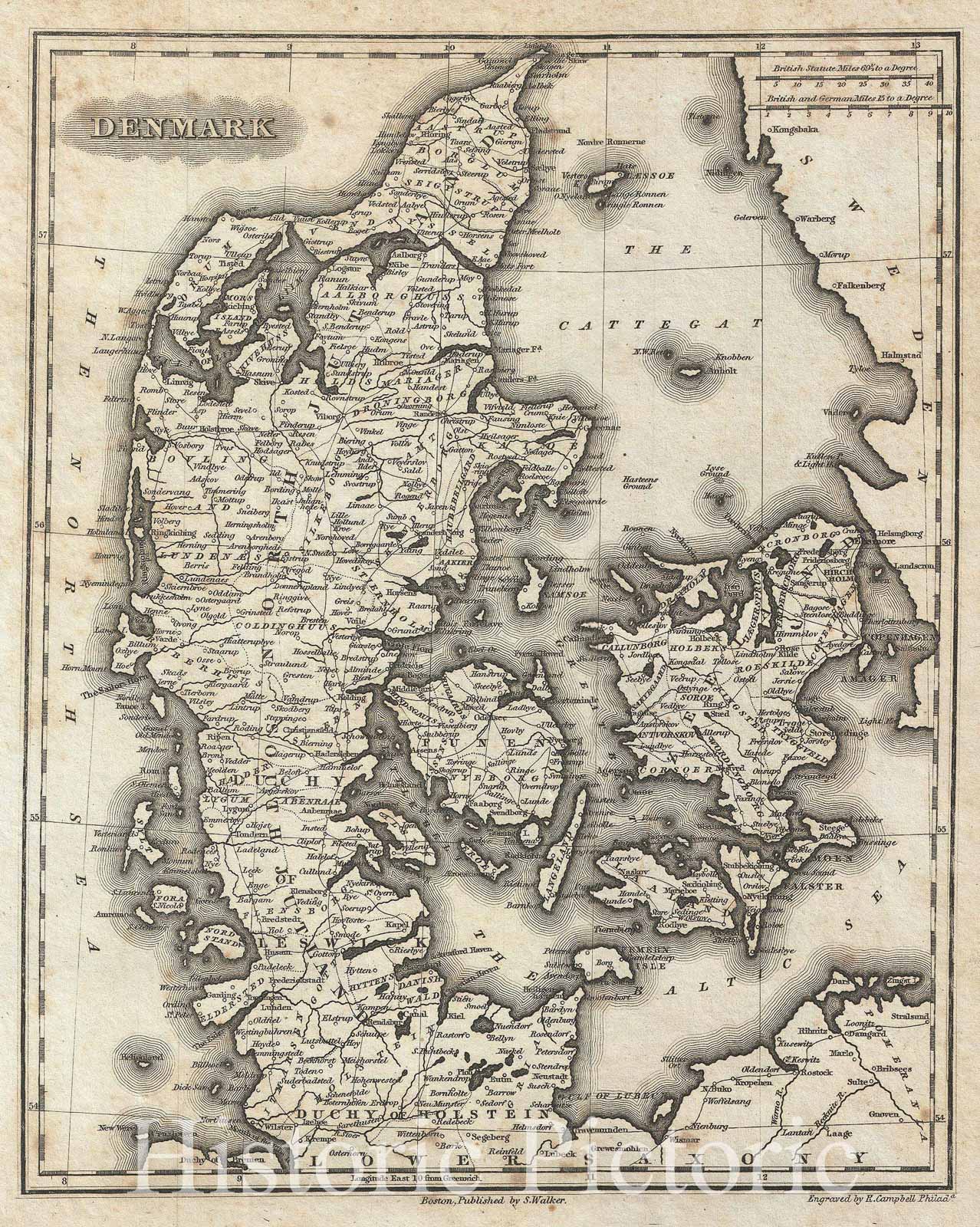 Historic Map : MalteBrun Map of Denmark, 1828, Vintage Wall Art
