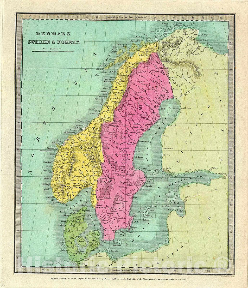 Historic Map : Burr Antique Map of Scandinavia (Denmark, Sweden and Norway), 1833, Vintage Wall Art