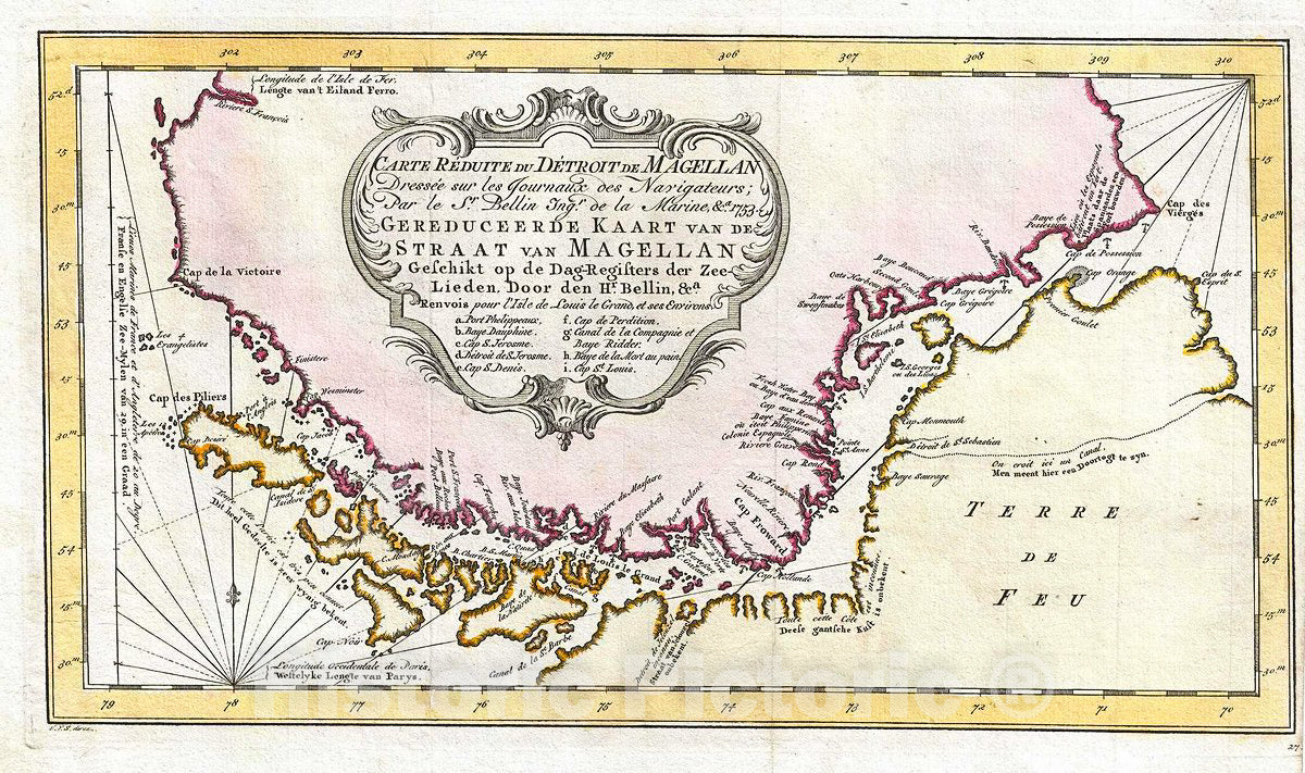 Historic Map : Bellin Antique Map of The Straits of Magellan, Chile, South America, 1753, Vintage Wall Art