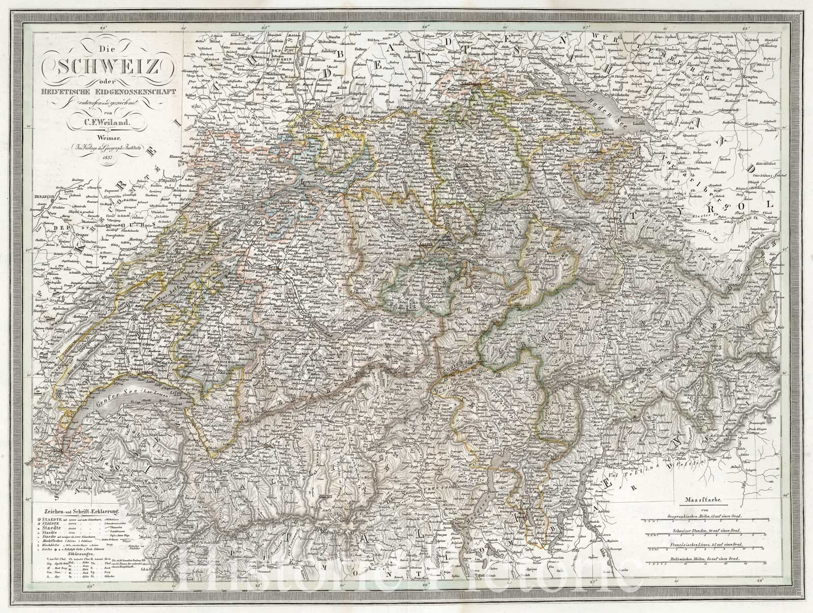 Historic Map : Weiland Map of Switzerland, 1828, Vintage Wall Art