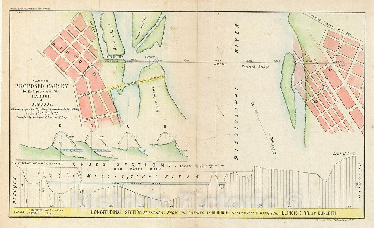 Historic Map : Topographical Engineers Antique Map of The Dubuque Harbor, 1855, Vintage Wall Art