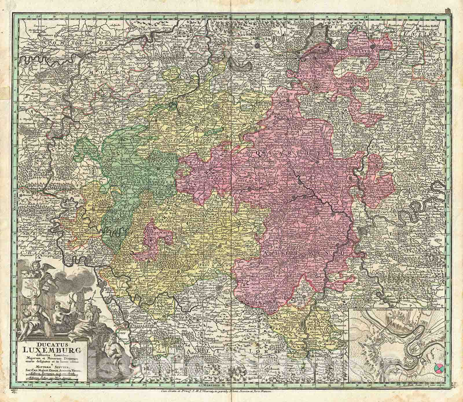 Historic Map : Seutter Antique Map of Luin xembourg and Eastern Belgium, 1730, Vintage Wall Art