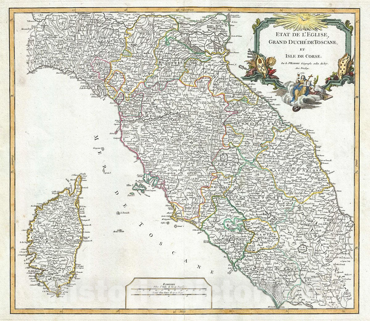Historic Map : Vaugondy Antique Map of Central Italy (Tuscany and Corsica), 1750, Vintage Wall Art