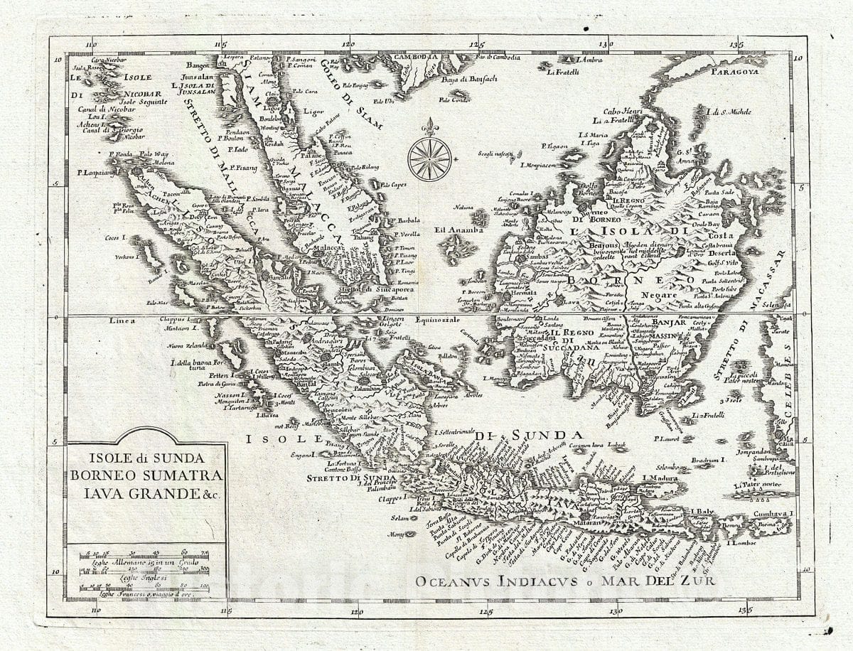 Historic Map : Alibrizzi Map of The East Indies (Malay, Singapore, Borneo), 1740, Vintage Wall Art