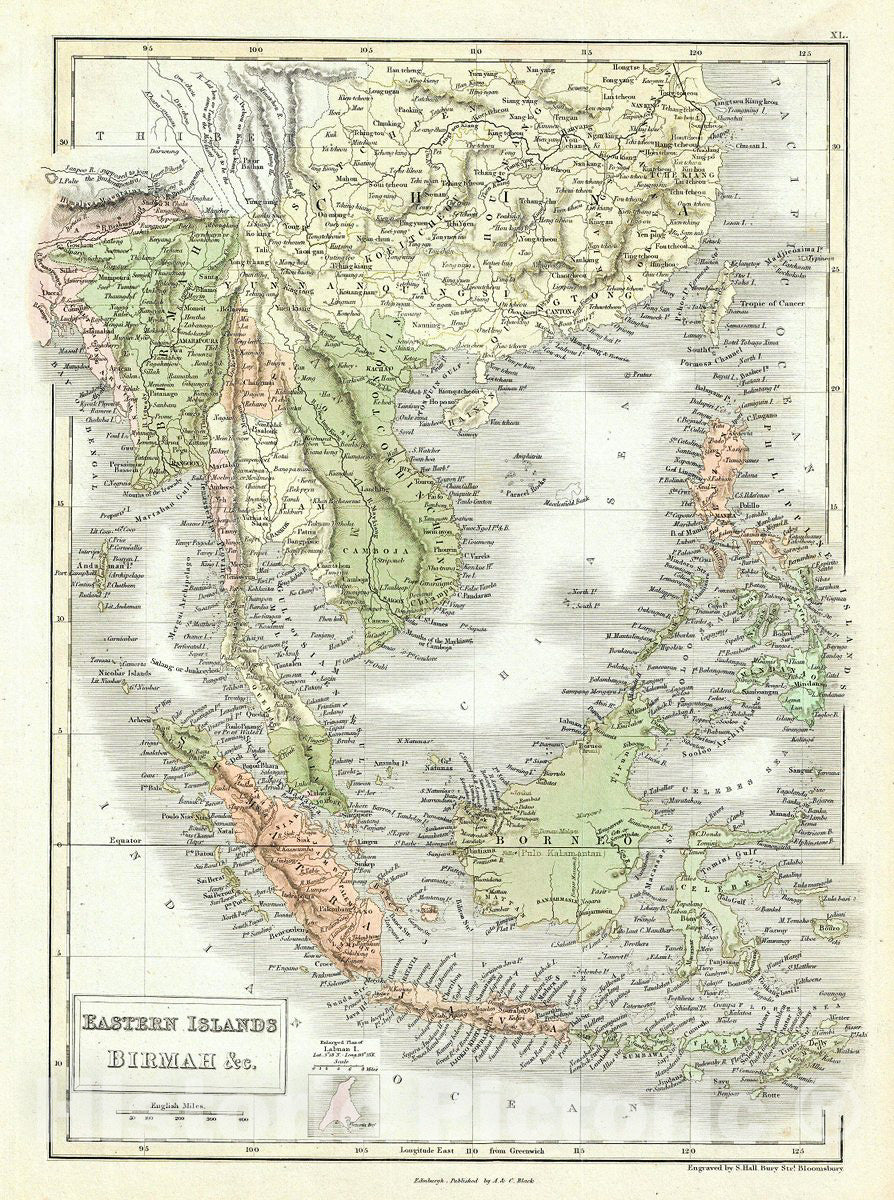 Historic Map : Black Map of East Indies and Southeast Asia, 1851, Vintage Wall Art