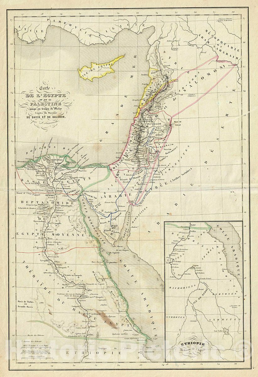 Historic Map : Delamarche Map of Egypt and Palestine or Holy Land Under Solomon, 1850, Vintage Wall Art