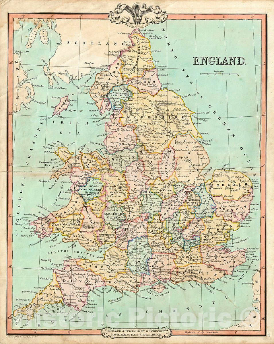 Historic Map : Cruchley Map of England, 1850, Vintage Wall Art