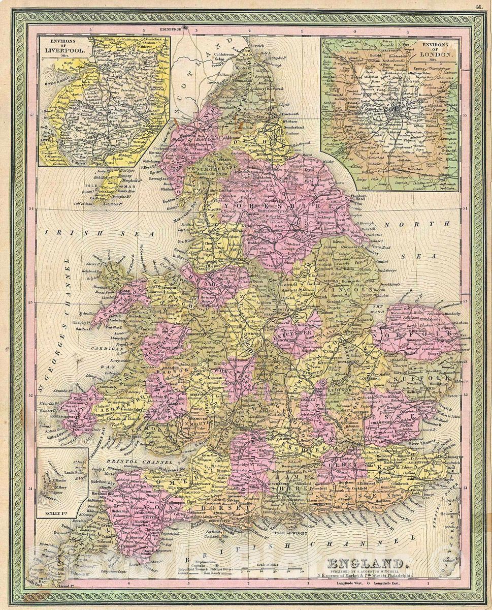 Historic Map : Mitchell Map of England, 1849, Vintage Wall Art