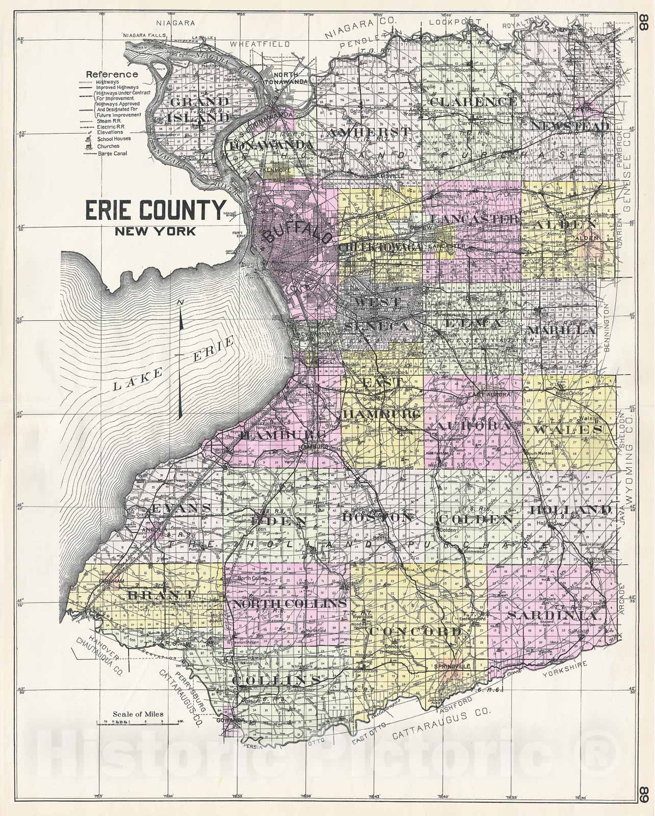 Historic Map : Century Map of Erie County, New York, 1912, Vintage Wall Art