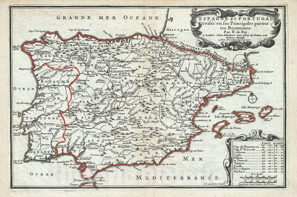 Historic Map : De Fer Map of Spain and Portugal, 1701, Vintage Wall Art
