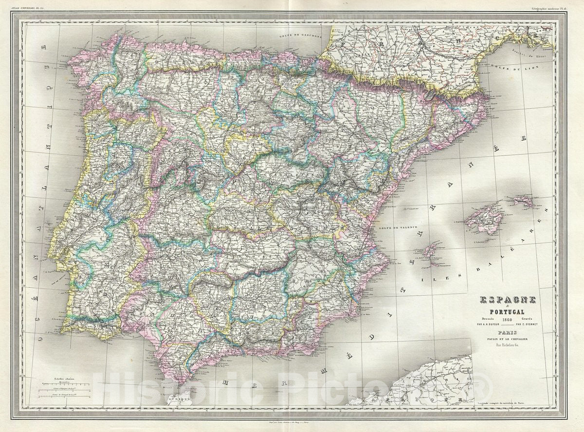 Historic Map : Dufour Map of Spain and Portugal, 1860, Vintage Wall Art