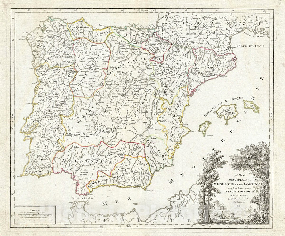 Historic Map : Vaugondy Map of Spain and Portugal, 1750, Vintage Wall Art