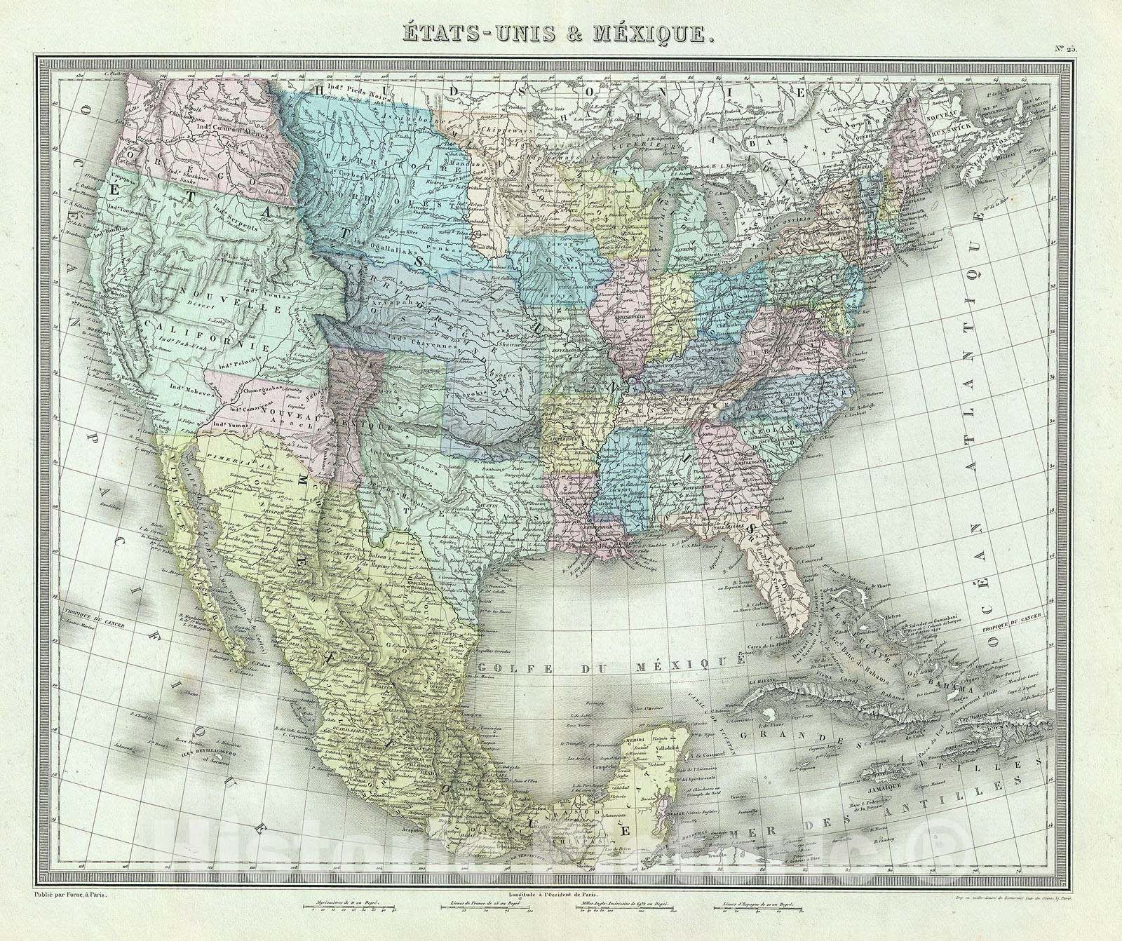 Historic Map : Tardieu Map of The United States and Mexico, 1874, Vintage Wall Art