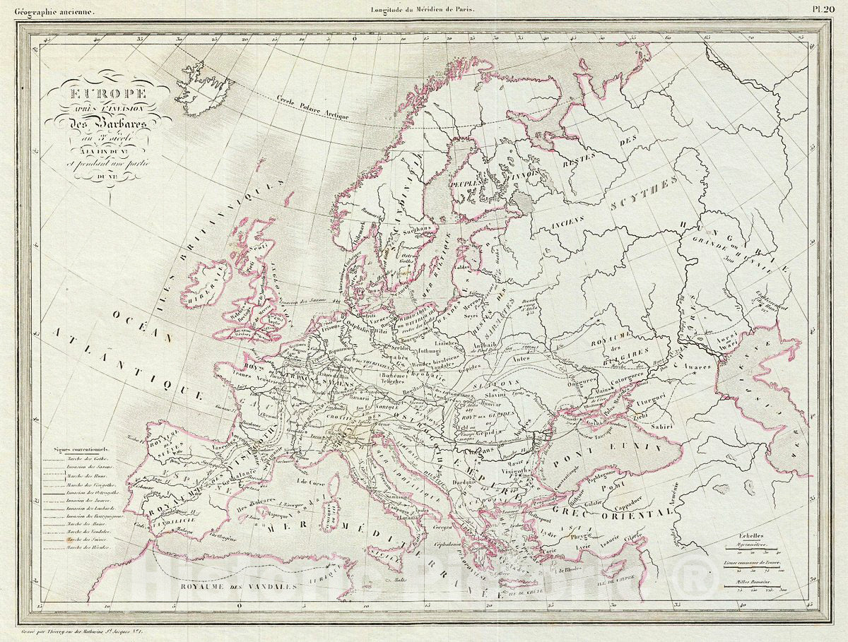 Historic Map : MalteBrun Map of Europe After The Barbarian Invasion, 1843, Vintage Wall Art