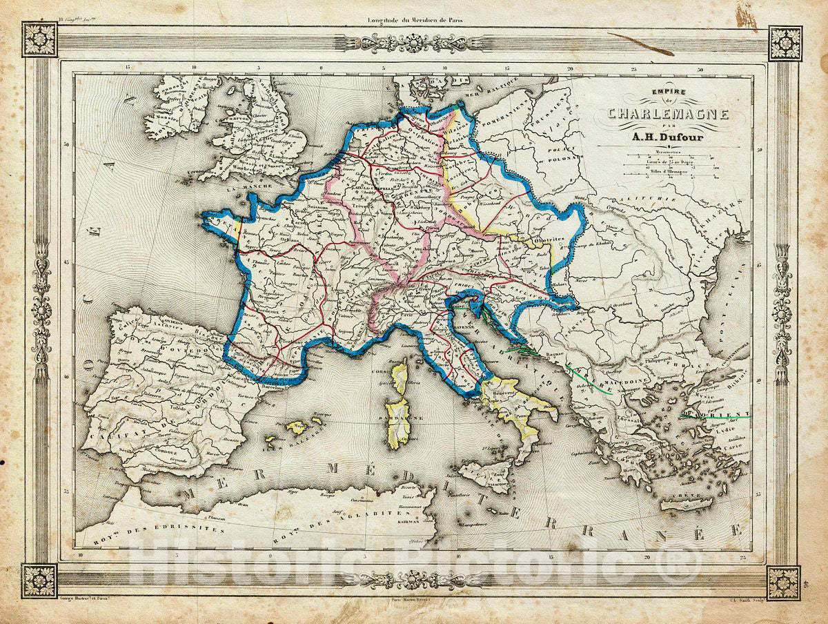 Historic Map : Dufour Map of Europe Under Charlemagne, 1852, Vintage Wall Art