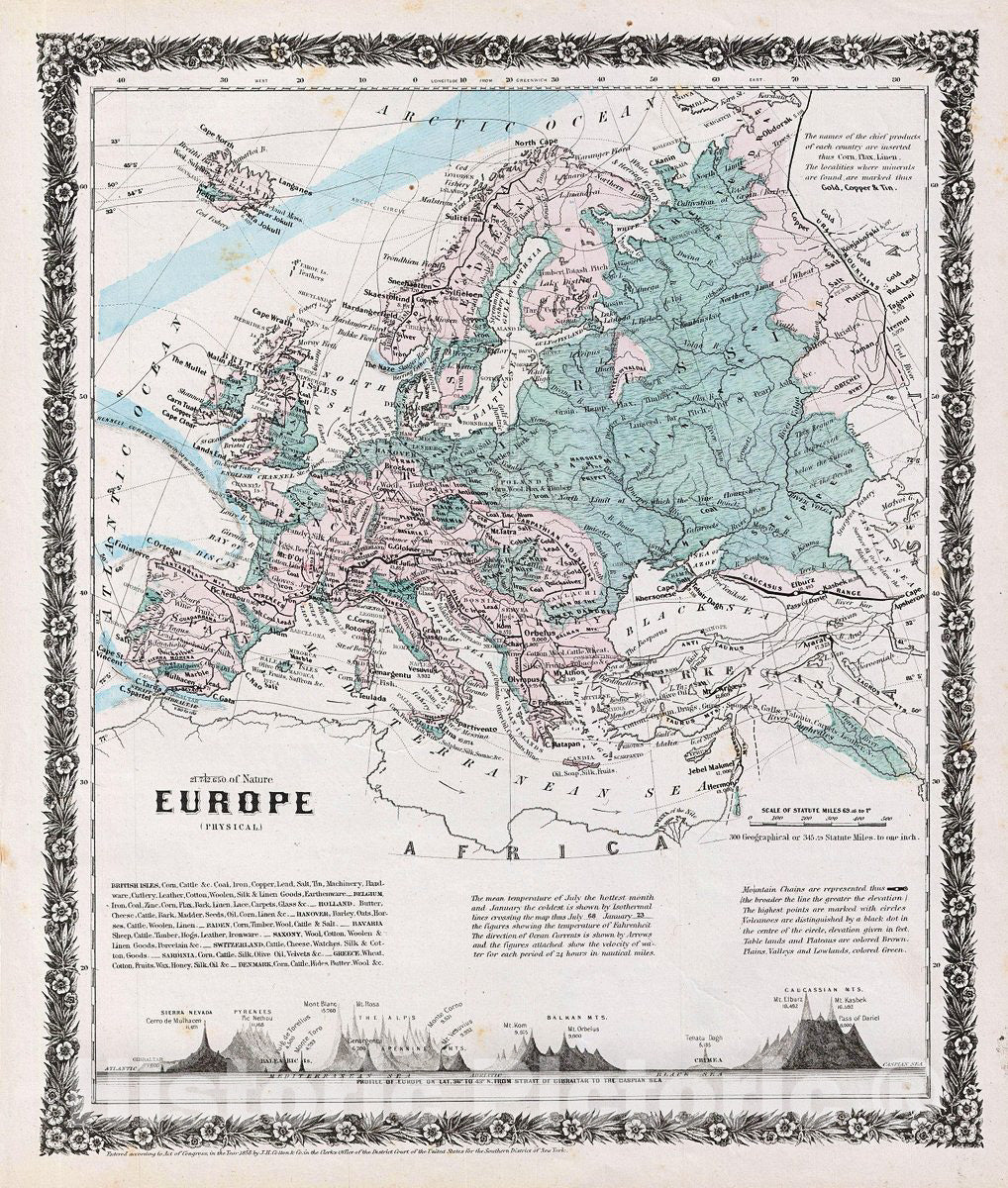 Historic Map : Colton Antique Map of Europe (Physical), 1858, Vintage Wall Art