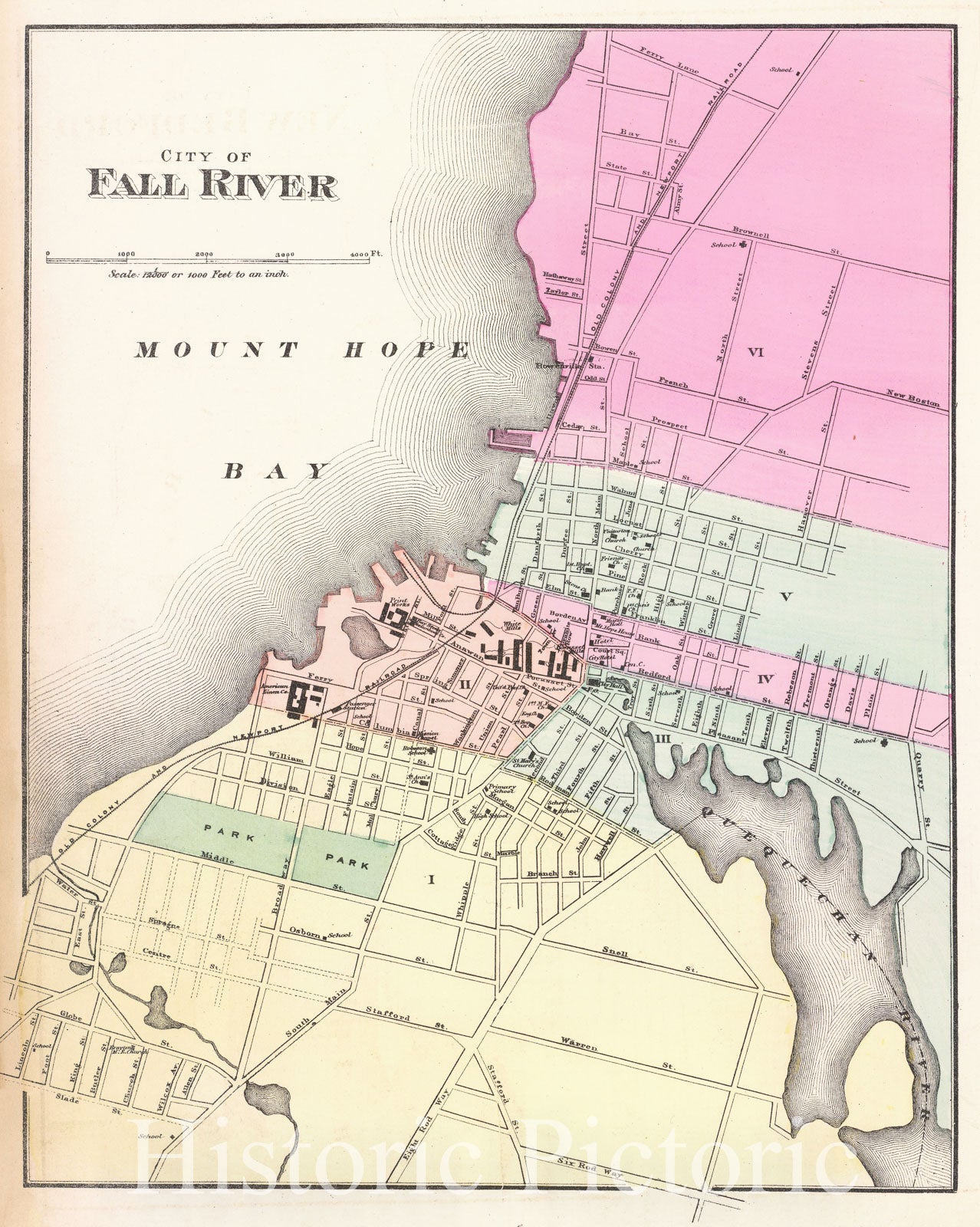Historic Map : Walling and Gray Map of Fall River, Massachusetts, 1871, Vintage Wall Art
