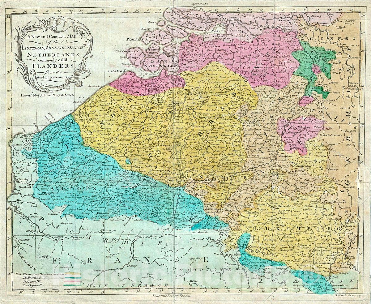Historic Map : Seale Map of Flanders (Belgium, Holland and Luxemburg), 1760, Vintage Wall Art