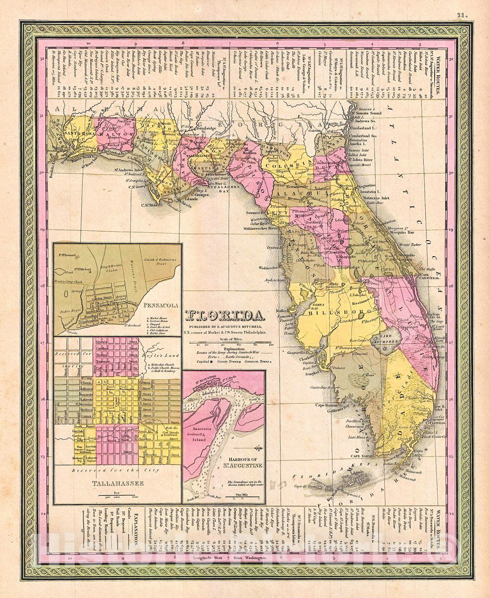 Historic Map : Mitchell Map of Florida, 1849, Vintage Wall Art