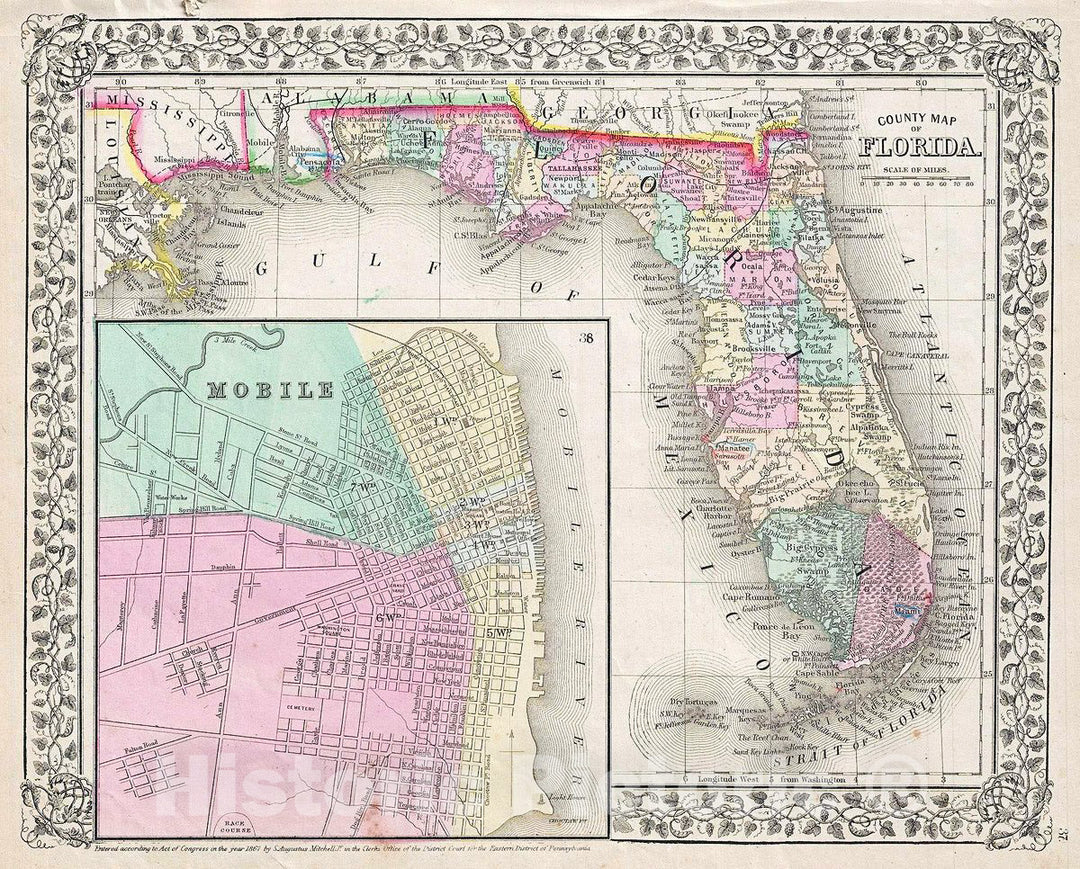 Historic Map : Mitchell Map of Florida (w/Mobile, Alabama Inset), 1867, Vintage Wall Art