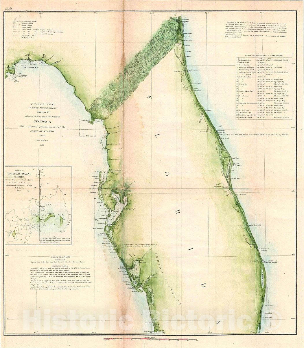 Historic Map : U.S. Coast Survey Chart or Antique Map of Florida and The Tortugas Islands, 1857, Vintage Wall Art