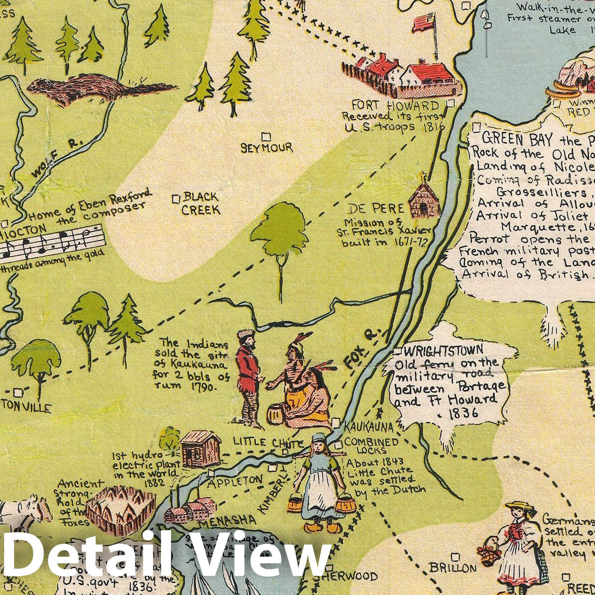 Historic Map : Behncke Pictorial Antique Map of The Foin x River Valley and Green Bay, Wisconsin, 1931, Vintage Wall Art