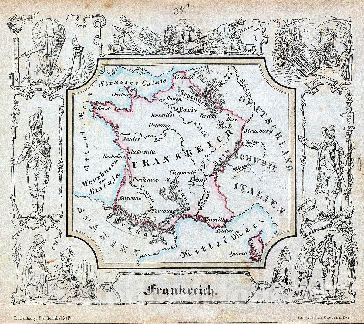 Historic Map : Lowenberg Whimsical Antique Map of France, 1846, Vintage Wall Art