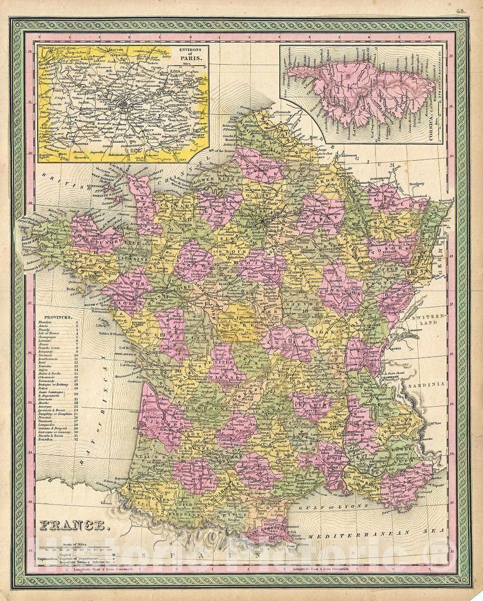 Historic Map : Mitchell Map of France, 1849, Vintage Wall Art