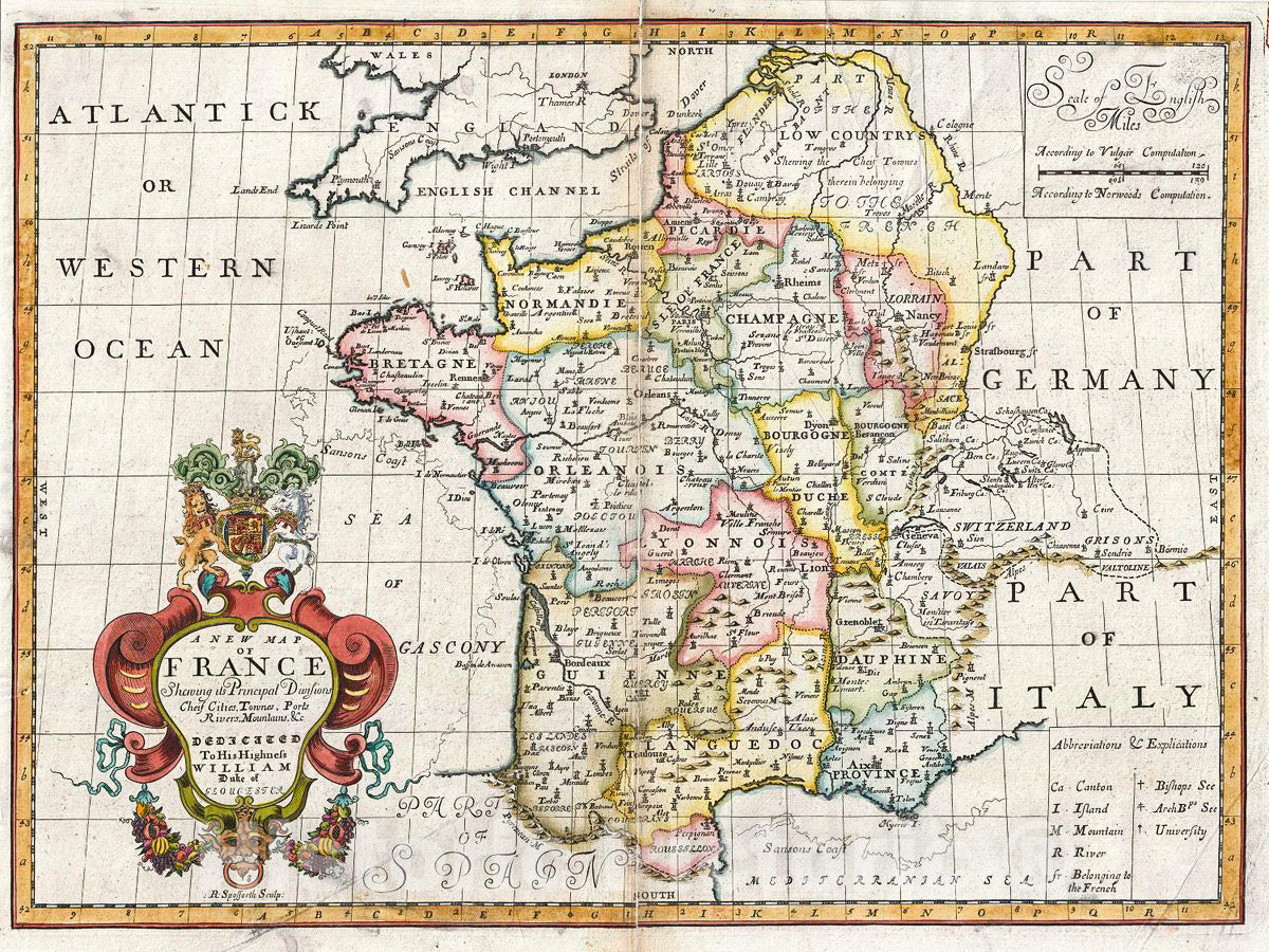 Historic Map : Wells Map of France, 1712, Vintage Wall Art