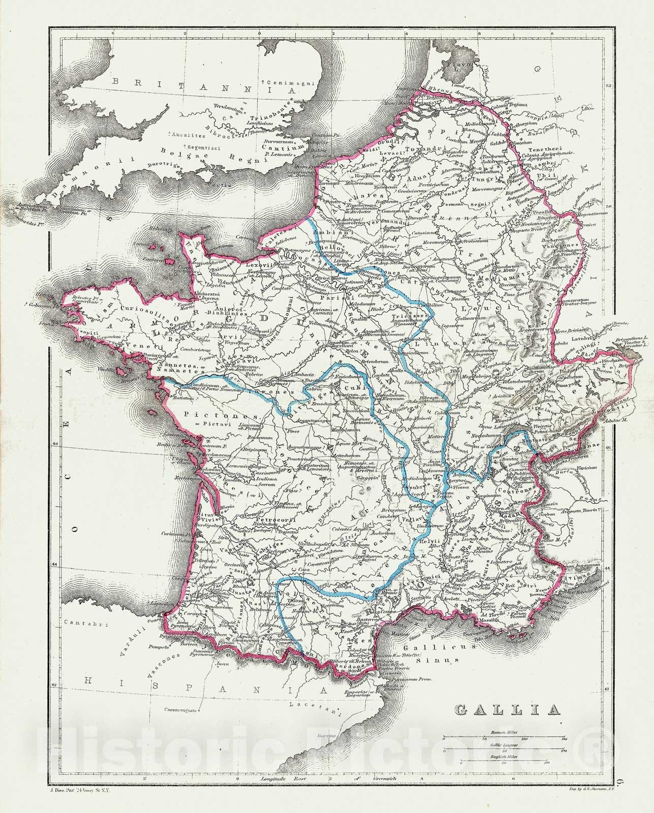 Historic Map : Hughes Map of Gaul or France in Antiquity, 1867, Vintage Wall Art