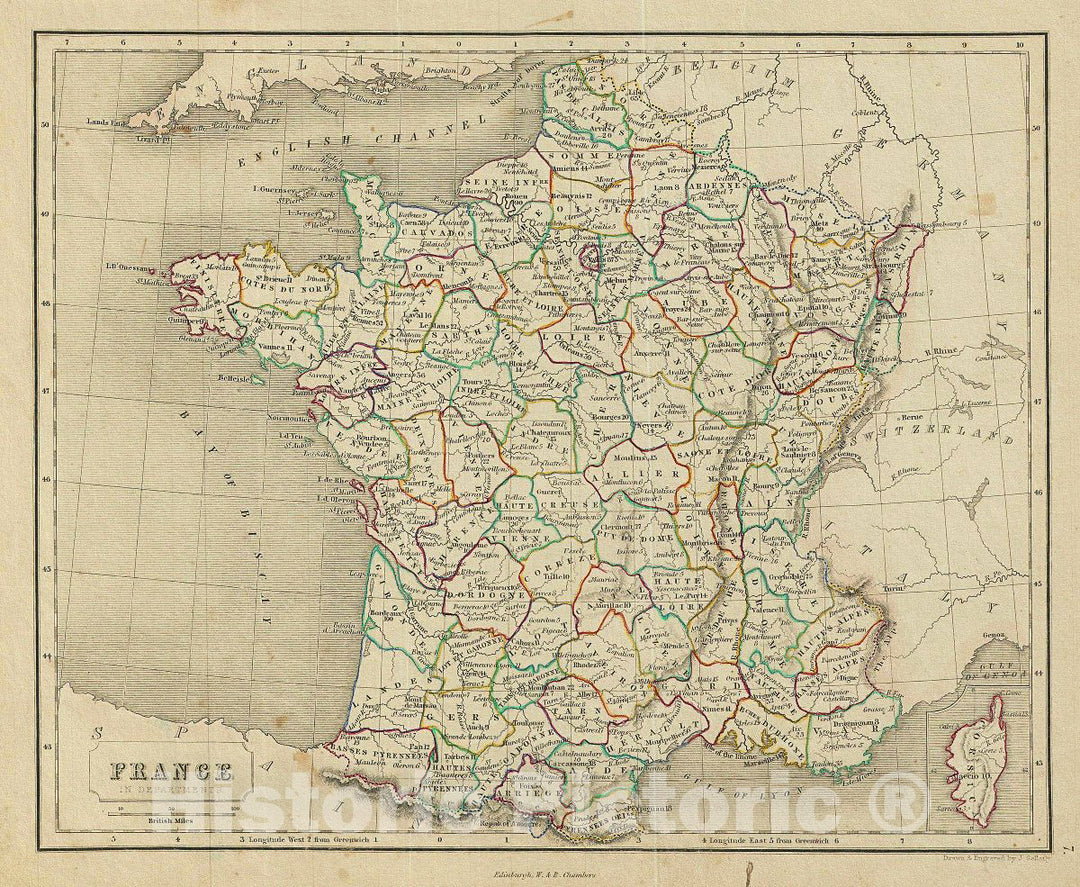 Historic Map : Chambers Map of France in Departments, 1845, Vintage Wall Art