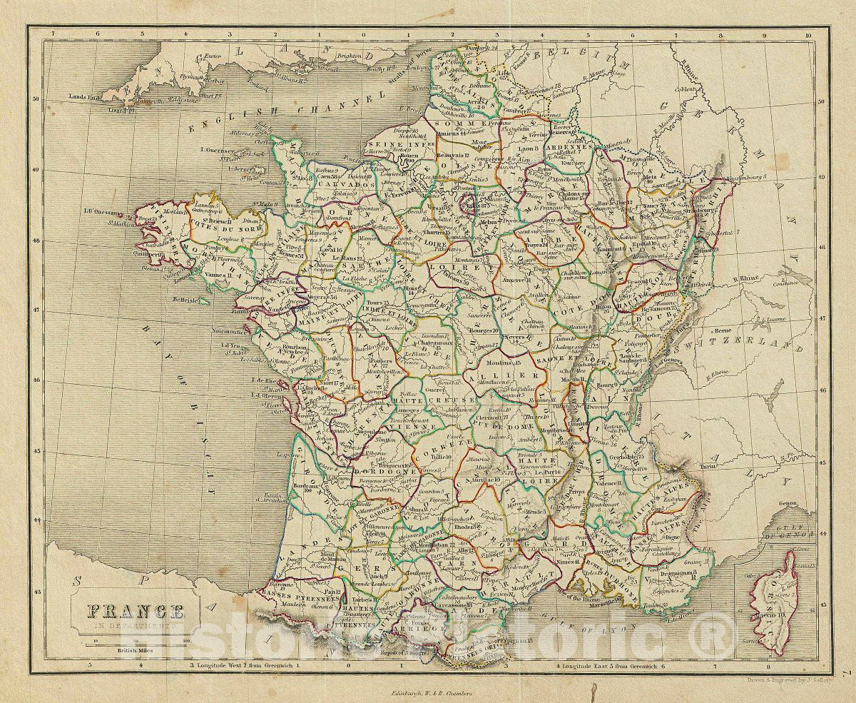 Historic Map : Chambers Map of France in Departments, 1845, Vintage Wall Art