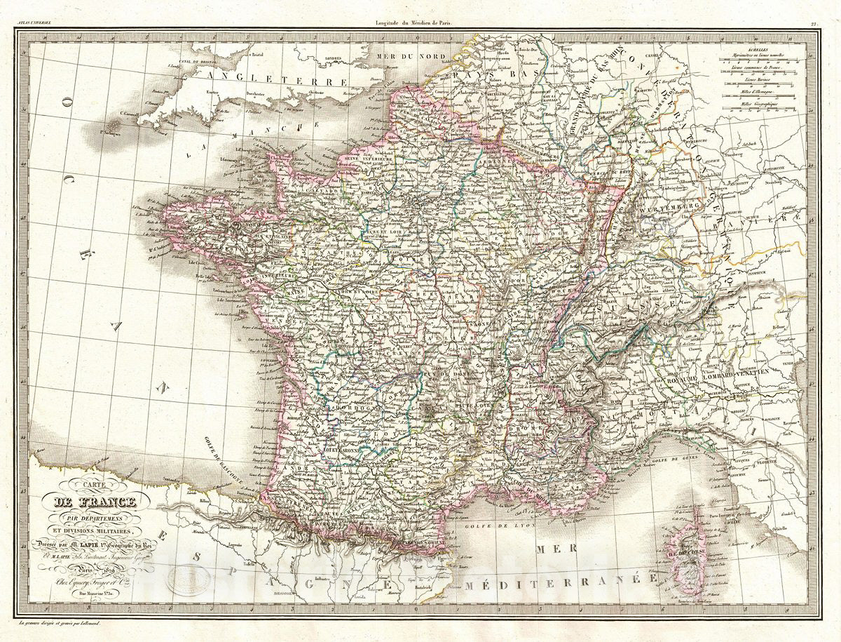 Historic Map : Lapie Map of France in Military Departments and Divisions, 1829, Vintage Wall Art