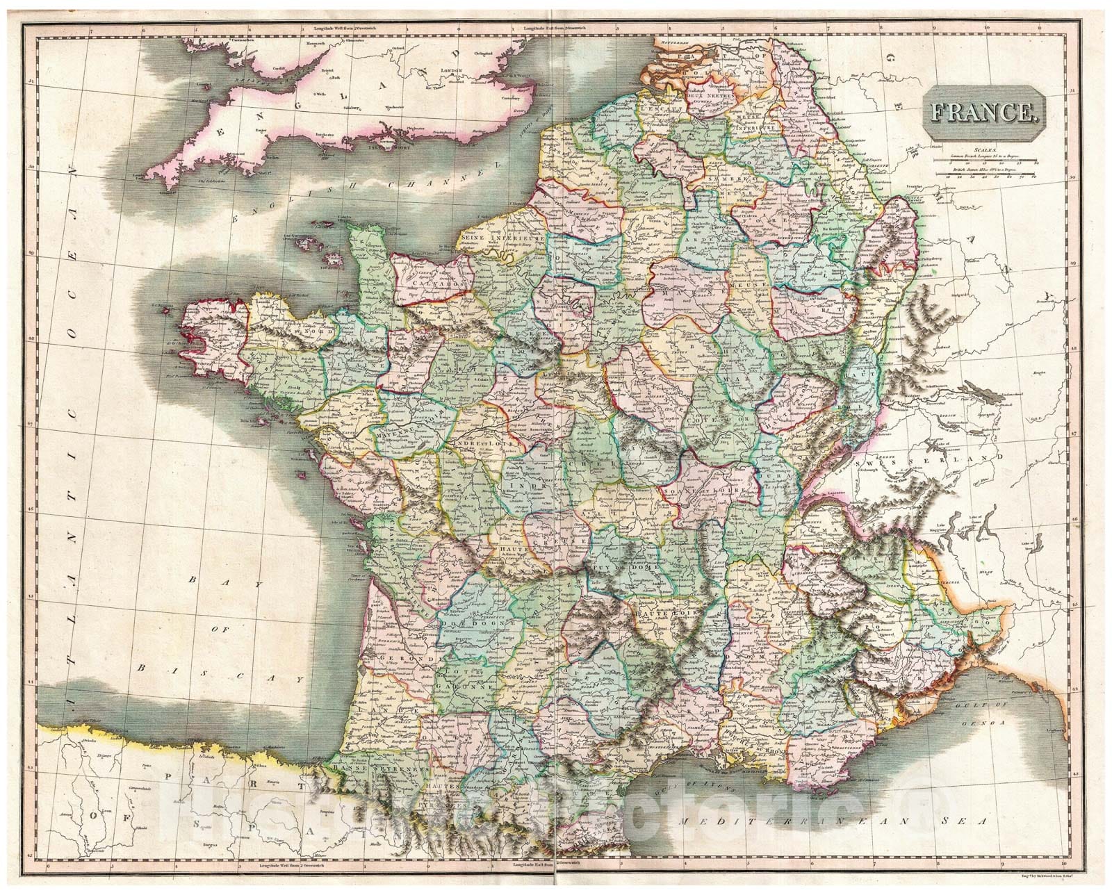 Historic Map : Thomson Map of France in Departments, 1814, Vintage Wall Art