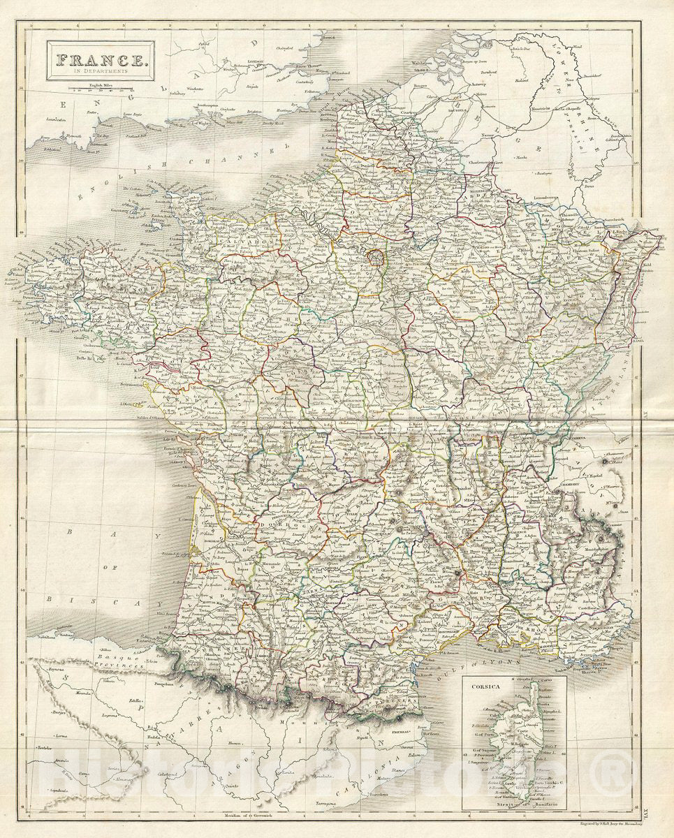Historic Map : Black Map of France in Departments, 1844, Vintage Wall Art