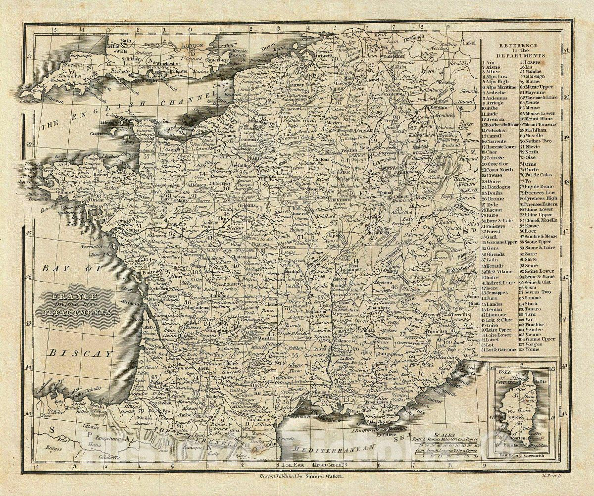 Historic Map : MalteBrun Map of France in Departments, 1828, Vintage Wall Art