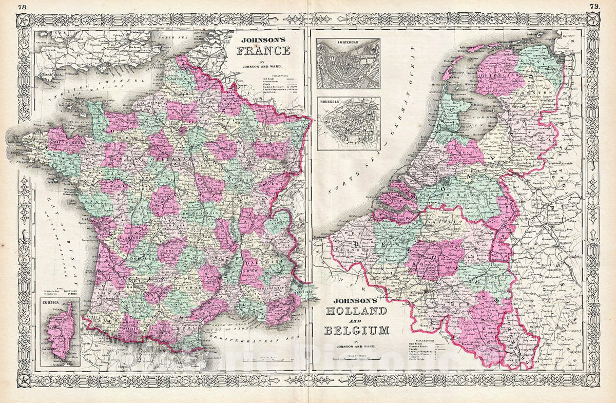 Historic Map : Johnson Map of France, Holland and Belgium, Version 2, 1864, Vintage Wall Art