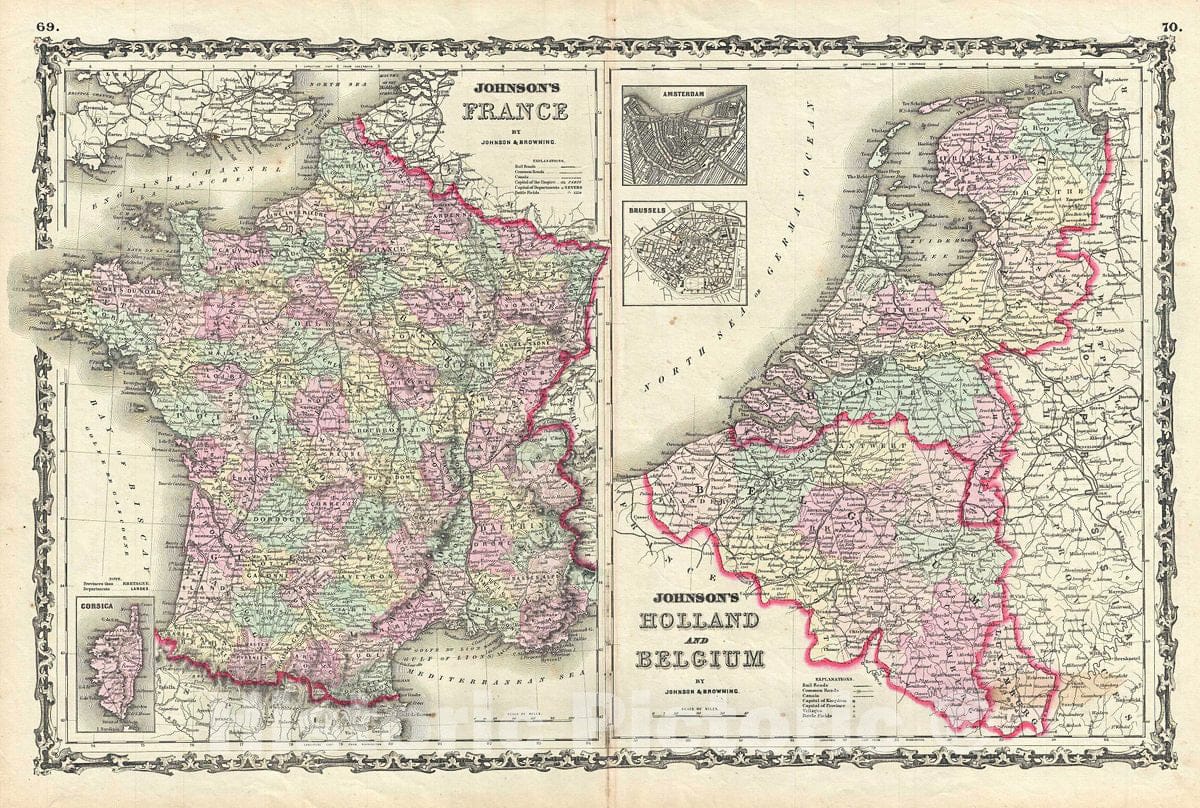 Historic Map : Johnson Map of France, Holland and Bellgium, 1861, Vintage Wall Art
