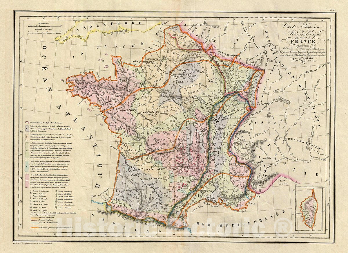 Historic Map : MalteBrun Physical and Mineralogical Map of France, 1833, Vintage Wall Art