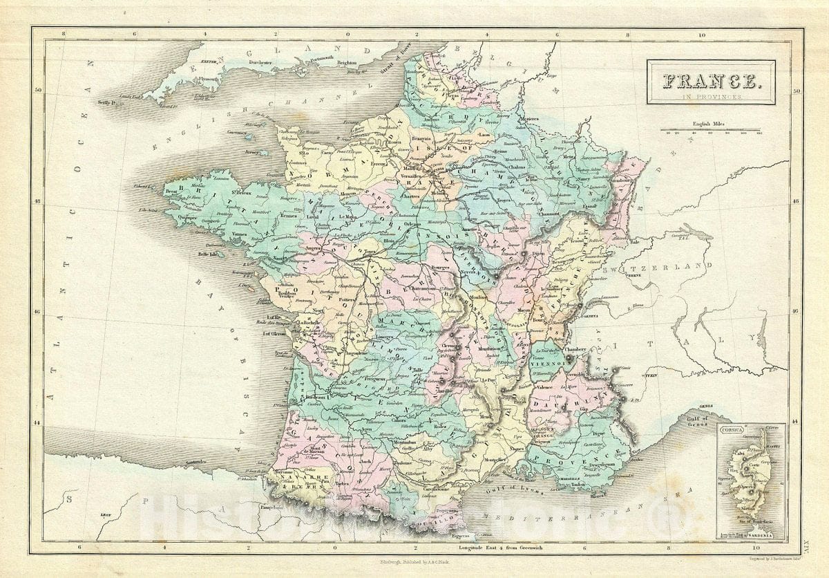 Historic Map : Black Map of France in Provinces, Version 2, 1851, Vintage Wall Art