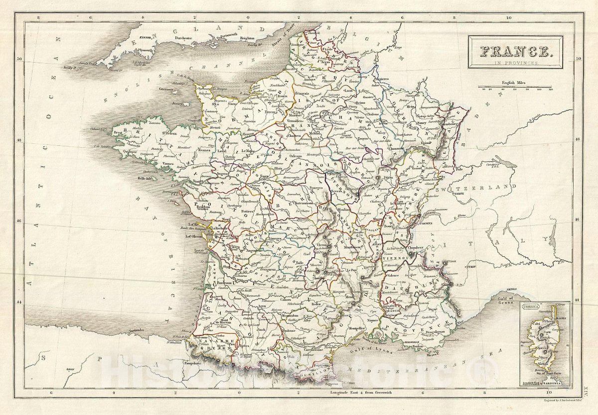 Historic Map : Black Map of France in Provinces, 1844, Vintage Wall Art