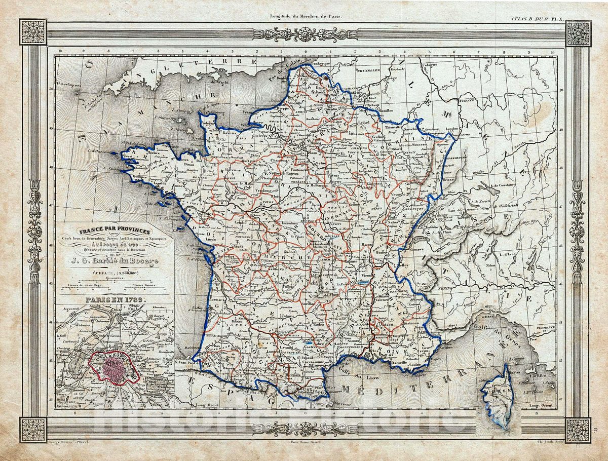 Historic Map : Bocage Map of France in Provinces, 1852, Vintage Wall Art